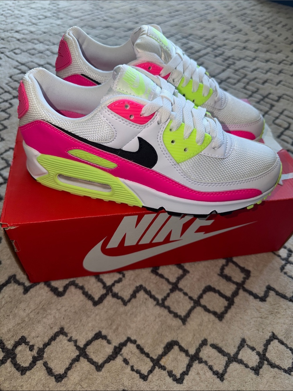 Nike Air Max 90s Women's White Hot Pink & Neon Green Athletic Sneakers